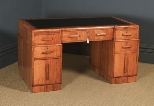 fig 2. Antique English Art Deco Figured Walnut & Black Leather 4½ft Office Pedestal Desk (Circa 1930)