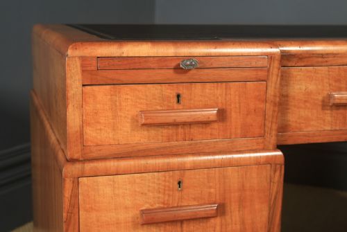 fig 4. Antique English Art Deco Figured Walnut & Black Leather 4½ft Office Pedestal Desk (Circa 1930)