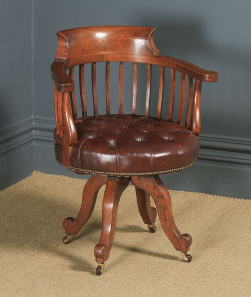 Antique English Victorian Oak & Brown Leather Revolving Office Desk Chair (Circa 1880)
