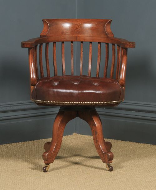 fig 1. Antique English Victorian Oak & Brown Leather Revolving Office Desk Chair (Circa 1880)