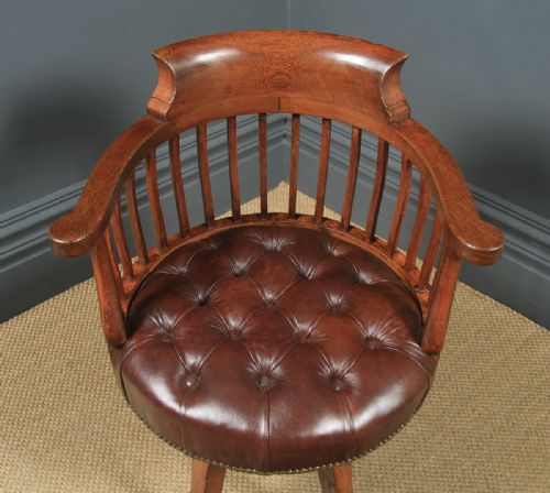 fig 2. Antique English Victorian Oak & Brown Leather Revolving Office Desk Chair (Circa 1880)