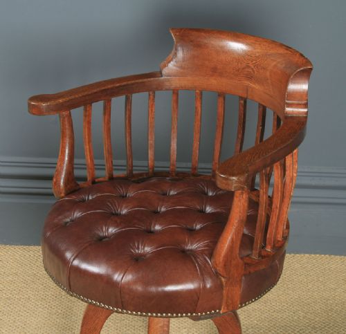fig 3. Antique English Victorian Oak & Brown Leather Revolving Office Desk Chair (Circa 1880)
