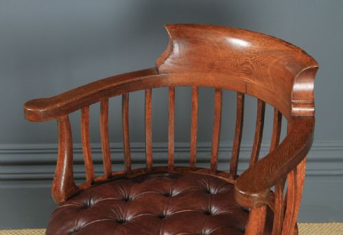 fig 4. Antique English Victorian Oak & Brown Leather Revolving Office Desk Chair (Circa 1880)