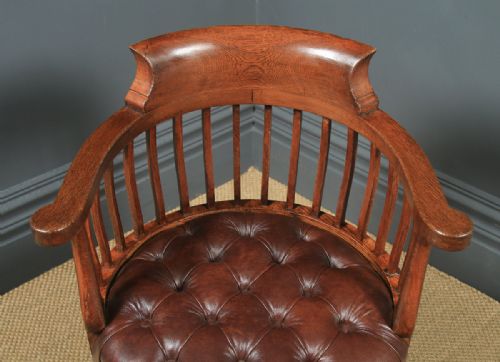 fig 5. Antique English Victorian Oak & Brown Leather Revolving Office Desk Chair (Circa 1880)