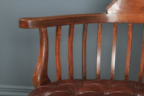 fig 6. Antique English Victorian Oak & Brown Leather Revolving Office Desk Chair (Circa 1880)