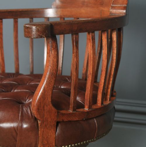 fig 7. Antique English Victorian Oak & Brown Leather Revolving Office Desk Chair (Circa 1880)