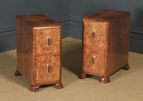 Antique Pair of English Art Deco Burr Walnut Bedside Chest Tables Nightstands (Circa 1930)