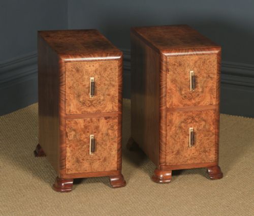 fig 1. Antique Pair of English Art Deco Burr Walnut Bedside Chest Tables Nightstands (Circa 1930)