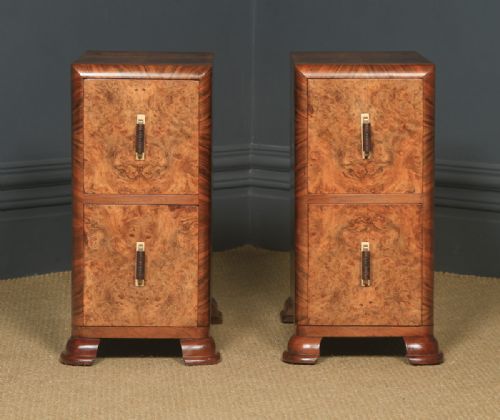 fig 2. Antique Pair of English Art Deco Burr Walnut Bedside Chest Tables Nightstands (Circa 1930)