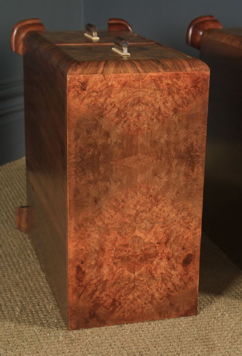 fig 4. Antique Pair of English Art Deco Burr Walnut Bedside Chest Tables Nightstands (Circa 1930)