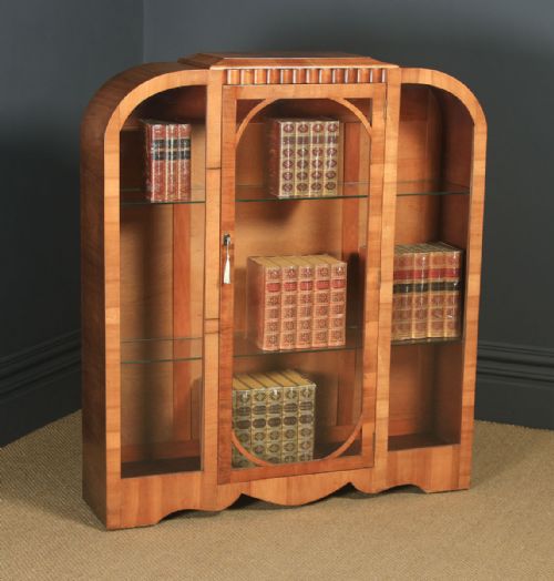 Antique English Art Deco Figured Walnut Shaped Glass China / Book Display Cabinet (Circa 1935)