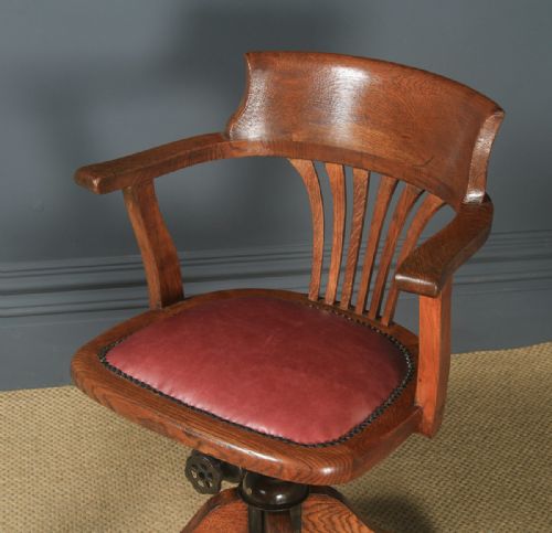 fig 2. Antique English Edwardian Oak & Burgundy Red Leather Revolving Office Desk Arm Chair (Circa 1910)