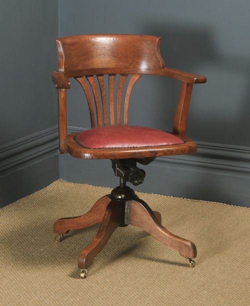 Antique English Edwardian Oak & Burgundy Red Leather Revolving Office Desk Arm Chair (Circa 1910)