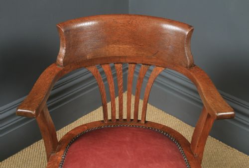 fig 5. Antique English Edwardian Oak & Burgundy Red Leather Revolving Office Desk Arm Chair (Circa 1910)