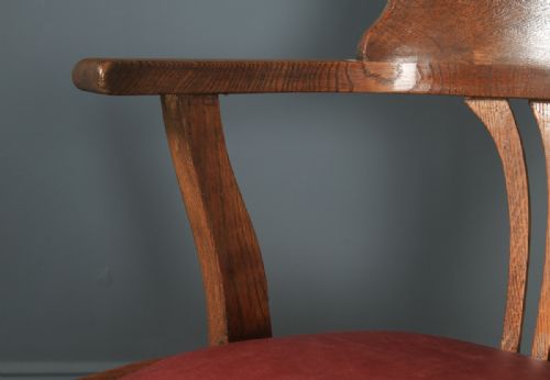 fig 6. Antique English Edwardian Oak & Burgundy Red Leather Revolving Office Desk Arm Chair (Circa 1910)