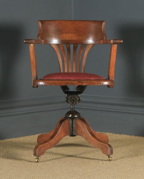 fig 1. Antique English Edwardian Oak & Burgundy Red Leather Revolving Office Desk Arm Chair (Circa 1910)