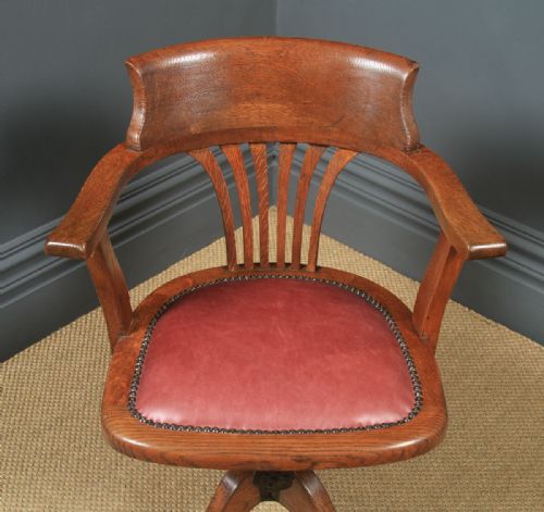 fig 3. Antique English Edwardian Oak & Burgundy Red Leather Revolving Office Desk Arm Chair (Circa 1910)