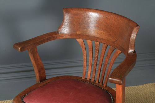 fig 4. Antique English Edwardian Oak & Burgundy Red Leather Revolving Office Desk Arm Chair (Circa 1910)
