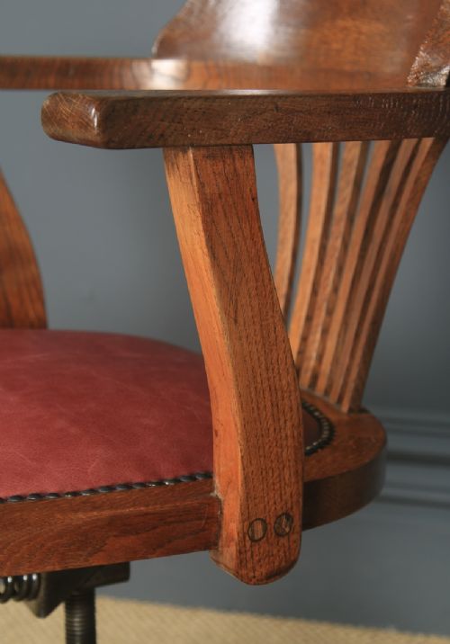 fig 7. Antique English Edwardian Oak & Burgundy Red Leather Revolving Office Desk Arm Chair (Circa 1910)