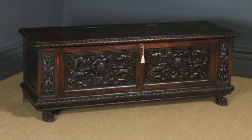 fig 1. Antique Italian 19th Century Renaissance Carved Beech Marriage Cassone Chest Coffer Trunk (Circa 1880)