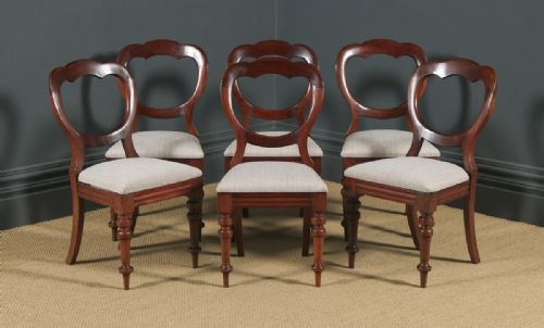 Antique English Victorian Set of 6 Six Mahogany Crown / Balloon Back Dining Chairs (Circa 1860)