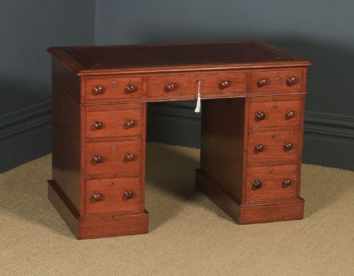 fig 2. Antique English Victorian 3ft 6” Mahogany & Red Leather Pedestal Office Desk (Circa 1870)