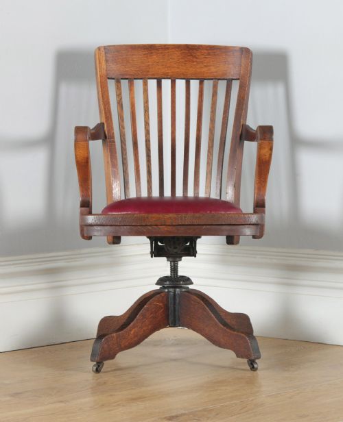 fig 1. Antique English Edwardian Oak & Burgundy Red Leather Revolving Office Desk Arm Chair (Circa 1910)