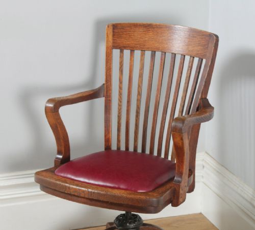 fig 2. Antique English Edwardian Oak & Burgundy Red Leather Revolving Office Desk Arm Chair (Circa 1910)