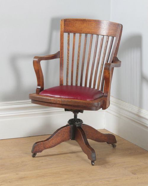 fig 3. Antique English Edwardian Oak & Burgundy Red Leather Revolving Office Desk Arm Chair (Circa 1910)