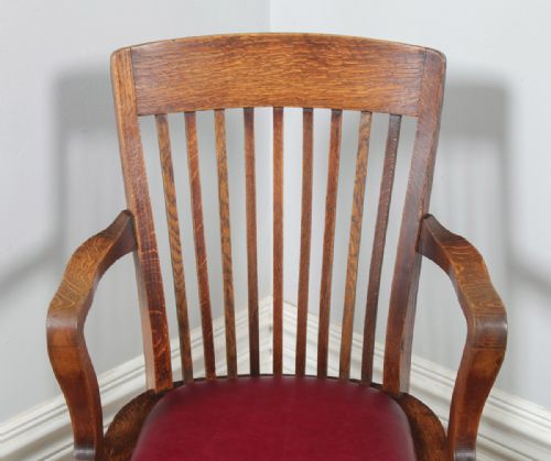 fig 4. Antique English Edwardian Oak & Burgundy Red Leather Revolving Office Desk Arm Chair (Circa 1910)
