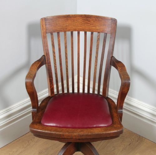 fig 5. Antique English Edwardian Oak & Burgundy Red Leather Revolving Office Desk Arm Chair (Circa 1910)