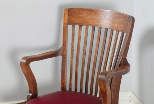 fig 6. Antique English Edwardian Oak & Burgundy Red Leather Revolving Office Desk Arm Chair (Circa 1910)