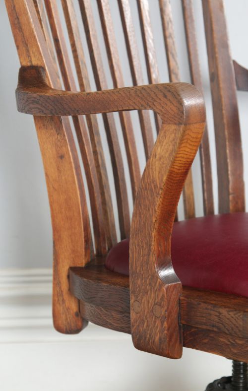 fig 7. Antique English Edwardian Oak & Burgundy Red Leather Revolving Office Desk Arm Chair (Circa 1910)