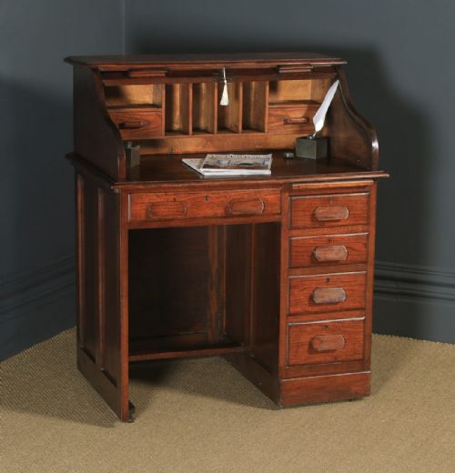 Antique English Edwardian 3ft Oak Roll Top Pedestal Office Desk (Circa 1910)