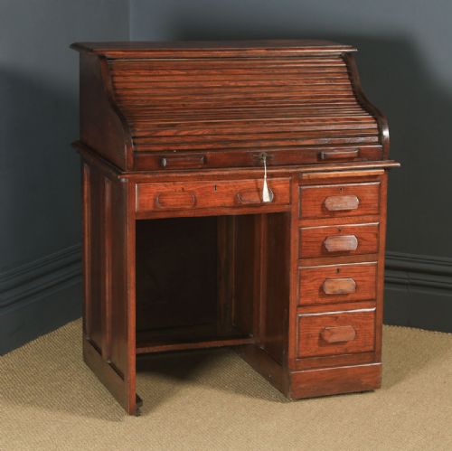 fig 1. Antique English Edwardian 3ft Oak Roll Top Pedestal Office Desk (Circa 1910)