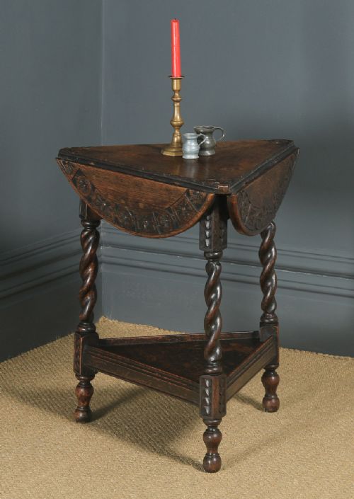 Antique English Victorian Oak Revolving Circular Drop Leaf Tripod Side Lamp Table (Circa 1890)