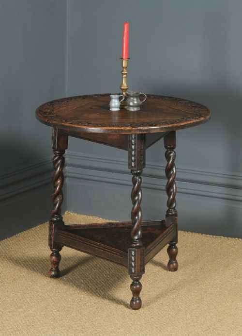 fig 1. Antique English Victorian Oak Revolving Circular Drop Leaf Tripod Side Lamp Table (Circa 1890)
