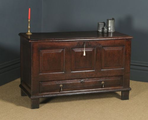 Antique English 18th Century Georgian Oak Geometric Mule Chest Blanket Box Trunk with Drawer (Circa 1730)