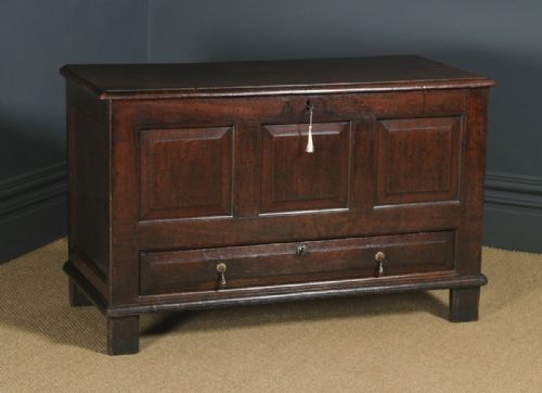 fig 1. Antique English 18th Century Georgian Oak Geometric Mule Chest Blanket Box Trunk with Drawer (Circa 1730)
