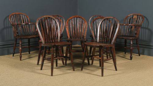 fig 1. Antique Set of 10 Ten Victorian Ash & Elm Windsor Stick & Hoop Back Kitchen Chairs (Circa 1880 – 1920