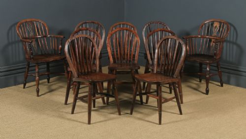 Antique Set of 10 Ten Victorian Ash & Elm Windsor Stick & Hoop Back Kitchen Chairs (Circa 1880 – 1920