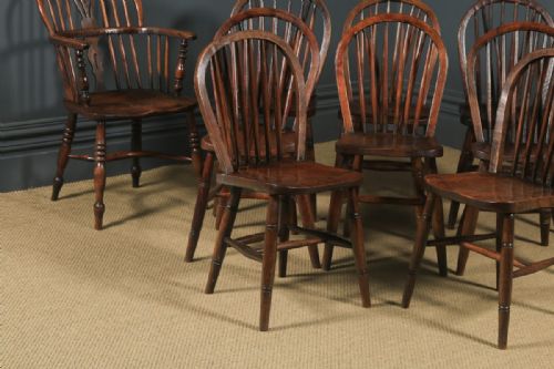 fig 4. Antique Set of 10 Ten Victorian Ash & Elm Windsor Stick & Hoop Back Kitchen Chairs (Circa 1880 – 1920