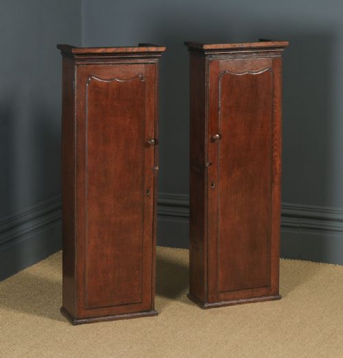 Antique English Pair of Georgian Oak Narrow Wall Hanging Spice Cabinets / Cupboards (Circa 1780)