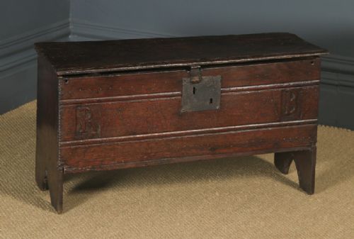 fig 1. Antique English Charles II Oak Six Plank Boarded Sword Chest Coffer Trunk (Circa 1660)