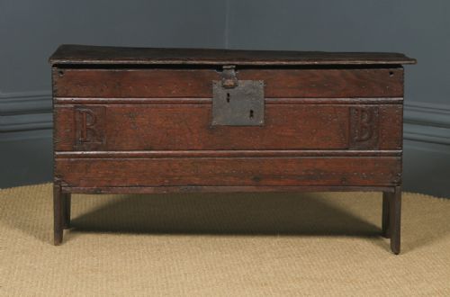 fig 2. Antique English Charles II Oak Six Plank Boarded Sword Chest Coffer Trunk (Circa 1660)