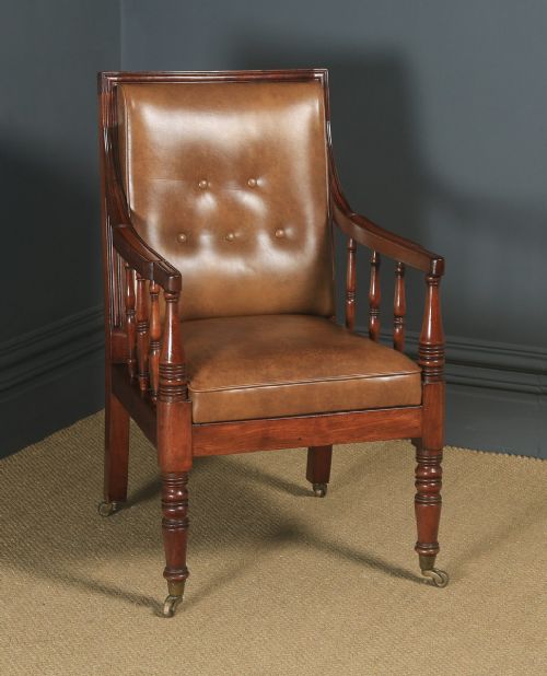 Antique English Georgian Regency Mahogany & Brown Leather Library Drawing Room Desk Armchair (Circa 1830)