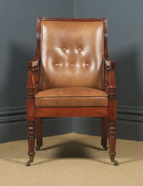 fig 1. Antique English Georgian Regency Mahogany & Brown Leather Library Drawing Room Desk Armchair (Circa 1830)