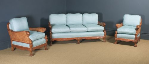 Antique English Edwardian Three Piece Walnut & Cane Aqua Blue Bergere Couch Settee Sofa Lounge Suite (Circa 1910)