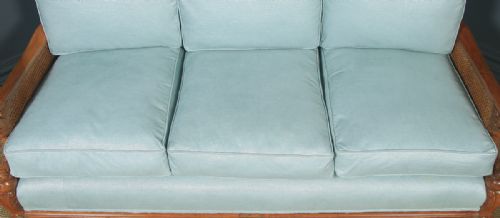 fig 2. Antique English Edwardian Three Piece Walnut & Cane Aqua Blue Bergere Couch Settee Sofa Lounge Suite (Circa 1910)