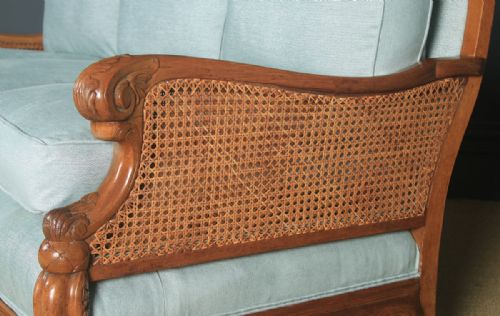 fig 3. Antique English Edwardian Three Piece Walnut & Cane Aqua Blue Bergere Couch Settee Sofa Lounge Suite (Circa 1910)